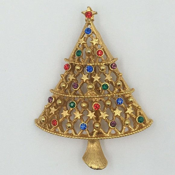Vintage J.J. Jonette Christmas Tree BROOCH Pin, OPEN WORK, Stars, Rhinestones - Picture 1 of 4